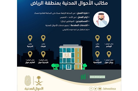 مكاتب الأحوال المدنية تستقبل المواطنين مساء بالرياض